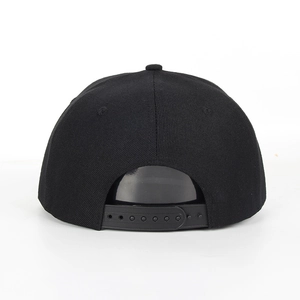 Rear view of high-quality black hip-hop cap with an adjustable plastic snap closure