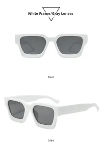 Front and side view of thick square white frames with dark gray sunglass lenses