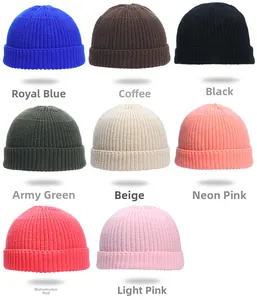 Detailed grid of rib-knitted beanie skull caps in eight different solid color options