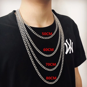 Comparison of silver Cuban chain necklaces in 50cm, 60cm, 70cm, and 80cm lengths on model
