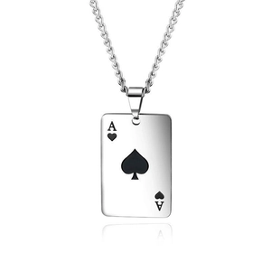 Detailed view of silver Ace of Spades pendant on a titanium steel necklace chain