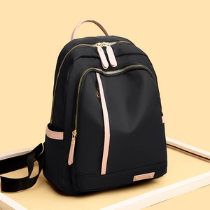 Mochila oxford negra impermeable para mujer con cremalleras rosas de gran capacidad