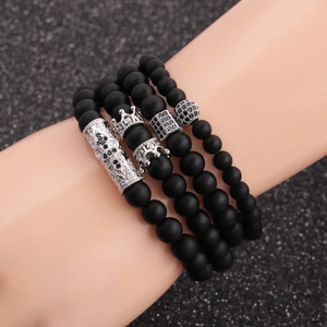 Set Di Bracciali In Pietra Opaca Per Uomo Micro Pave Zirconia Corona Croce Pilastro Esagonale Punk Hip Hop Gioielli