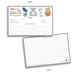 Double-sided 10x15cm recipe cards with hand-drawn illustrations for kitchen organization