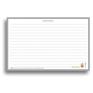Detail of recipe card with orange directions heading and colorful kitchen tool illustrations