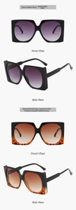 Detail of square oversized sunglasses with gradient lenses and metal hinge in two colorways
