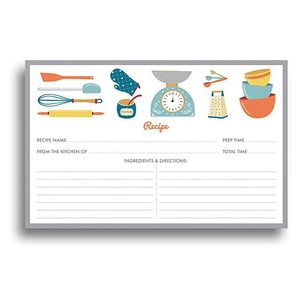 Macro detail of kraft paper recipe card with colorful hand-drawn kitchen tool illustrations