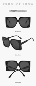 Three-way view of trendy oversized square sunglasses in glossy black with grey lenses