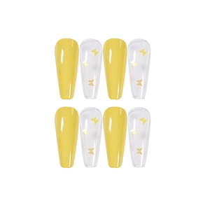 Long coffin press-on nails in bright yellow and clear design with gold butterfly accents