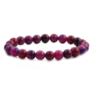 Beaded tiger eye agate bracelet with purple and blue mottled round stones on white background