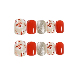Red floral press-on nails set with champagne gold glitter and square round nail shapes