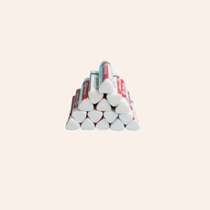 Pyramid stack of triangular white erasers with red and blue striped paper sleeves