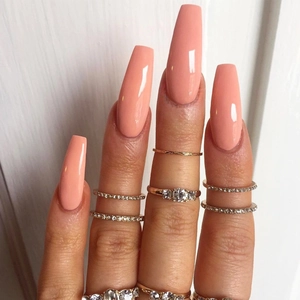 Long Coffin Press On Nails Coral Pink Orange Glossy Finish Full Cover Fake Nails DIY Manicure Tips For Women Fashionable