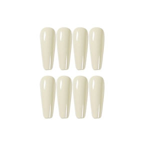 Glossy long ballerina press-on nails in cream beige color displayed on white background
