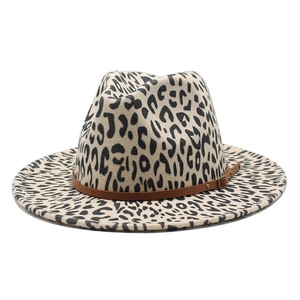 Leopard Print Fedora Hat Woolen Felt Wide Brim Jazz Hat With Faux Leather Belt For Men Women British Vintage