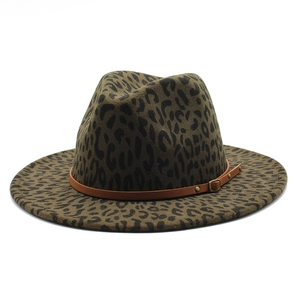 Classic leopard print wool fedora hat with brown leather belt and metal buckle for unisex