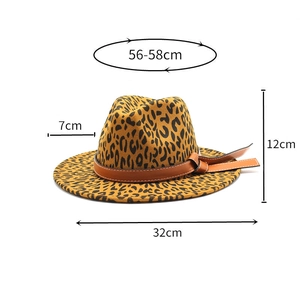 Detailed dimensions of leopard print wool fedora hat with brown leather band