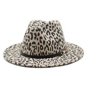 Classic wool leopard print fedora hat with a black leather band and gold metal buckle