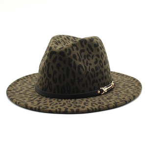 Classic leopard print fedora hat with wide flat brim and black leather decorative band