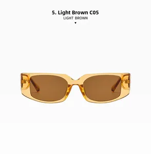 Detailansicht der hellbraunen, transparenten Rechteck-Sonnenbrille mit Metallscharnier