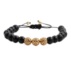 8mm faceted black bead adjustable bracelet with three gold-plated sparkling crystal balls