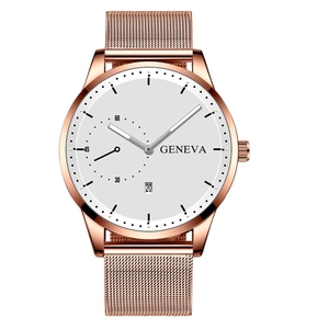 Elegant rose gold quartz watch with a white dial and mesh stainless steel band