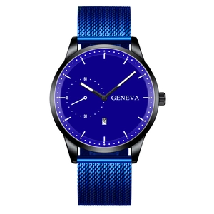 Close-up of men's business watch featuring a deep blue dial and matching Milanese mesh strap