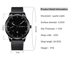 Detailed sizing chart for men's quartz watch with black mesh strap and date display