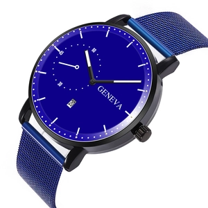 Close-up of Geneva men's business watch with blue dial and steel mesh strap