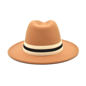 Classic camel wool fedora hat with a striped band accessory on white background