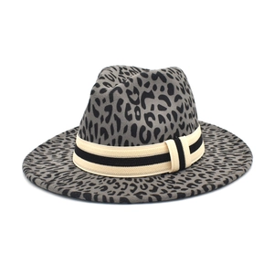 Leopard Print Woolen Fedora Hat For Women Men Wide Brim Panama Jazz Hat With Striped Ribbon Autumn Winter Fashion Accessories