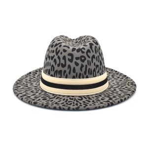 Grey leopard print wool fedora hat with a wide brim and contrast grosgrain band detail