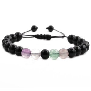 Adjustable woven rope bracelet with black beads and four multi-color gemstones on white background