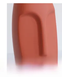 Macro shot of minimalist orange ceramic vase with abstract face sculpture details