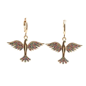 Exquisite gold bird earrings with colorful zircon inlay shown on a clean white background