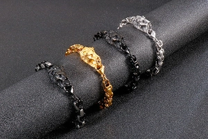 Detailed close-up of lion head hip-hop bracelets in gold, silver, and black metal finishes