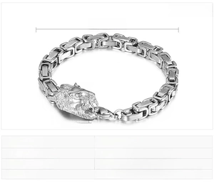 Detailed specs of stainless steel lion head hip-hop bracelet with Byzantine chain weaving