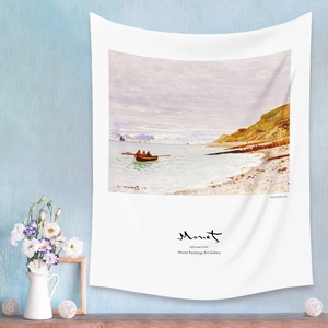 Artistic Monet Seaview tapestry hanging on light blue wall for bohemian home decor