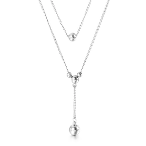Collier double couche argenté avec pendentifs boules rondes en acier inoxydable