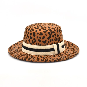 Leopard Print Wool Felt Flat Top Fedora Hat Women Wide Brim Striped Band Decor Autumn Winter Boater Jazz Hat
