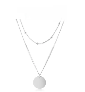 Detail of silver double-layered snake chain necklace with round pendant and bead texture