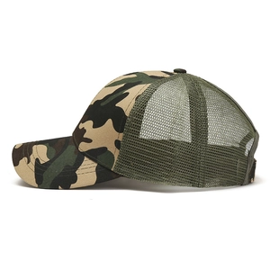 Side view of outdoor camo baseball cap with green breathable mesh panels for sport