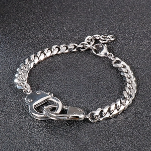 Silver stainless steel Cuban link bracelet with creative handcuff clasp design for men