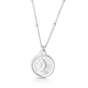 Silver stainless steel coin pendant necklace with Elizabeth portrait on white background
