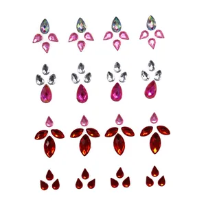 Detailed sheet of self-adhesive face gems featuring waterdrop and leaf crystal shapes
