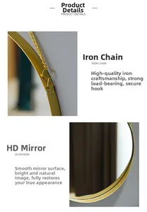Detail of gold metal iron chain and high-definition round mirror frame for wall mount
