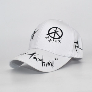 White baseball cap with black graffiti and FASHION text on brim in a classic street style