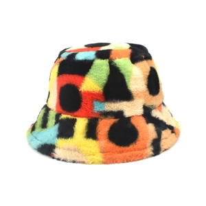 Faux Fur Bucket Hat For Women Autumn Winter Warm Plush Basin Hat Animal Print Zebra Stripe Colorful Patchwork Streetwear