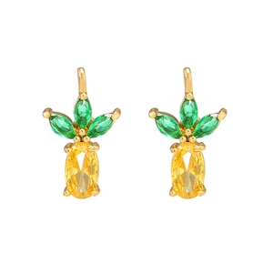 Detailed view of pineapple earring with yellow faceted stone and green leaf accents