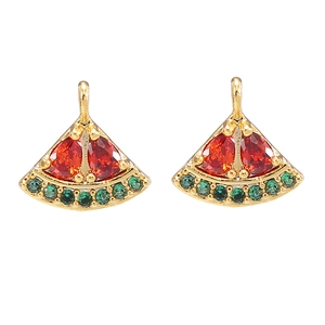 Detailed view of watermelon slice pendants with red and green zircons in gold plating